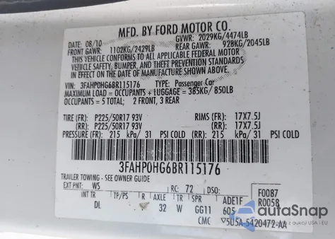 2011 Ford Fusion Se from USA, damaged, VIN 3FAHP0HG6BR115176